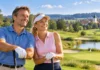 Rottaler Bäderdreieck Golfwoche 2026: Vier Turniertage auf vier Golfplätzen Fröhliches Golfpaar vor idyllischer Landschaft