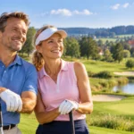 Rottaler Bäderdreieck Golfwoche 2026: Vier Turniertage auf vier Golfplätzen Fröhliches Golfpaar vor idyllischer Landschaft