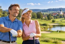Rottaler Bäderdreieck Golfwoche 2026: Vier Turniertage auf vier Golfplätzen Fröhliches Golfpaar vor idyllischer Landschaft