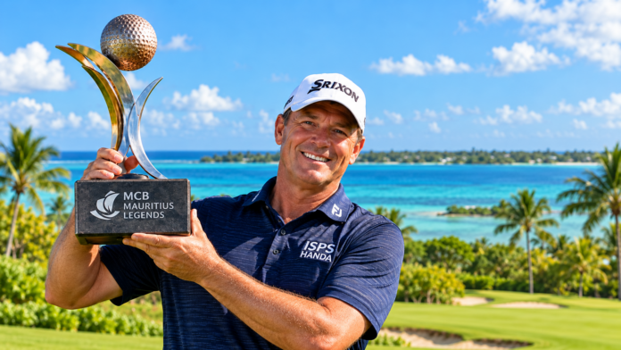 Golfsieger mit Tropenpokal vor Mauritius-Lagune Golfsieger mit Tropenpokal vor Mauritius-Lagune