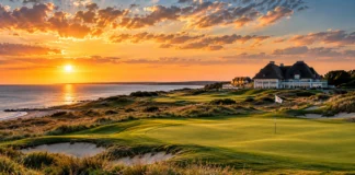 Die 10 besten Golfplätze Deutschlands 2026: Top-Golfclubs im Überblick Küsten-Golfplatz im goldenen Abendlicht