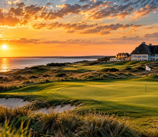 Die 10 besten Golfplätze Deutschlands 2026: Top-Golfclubs im Überblick Küsten-Golfplatz im goldenen Abendlicht
