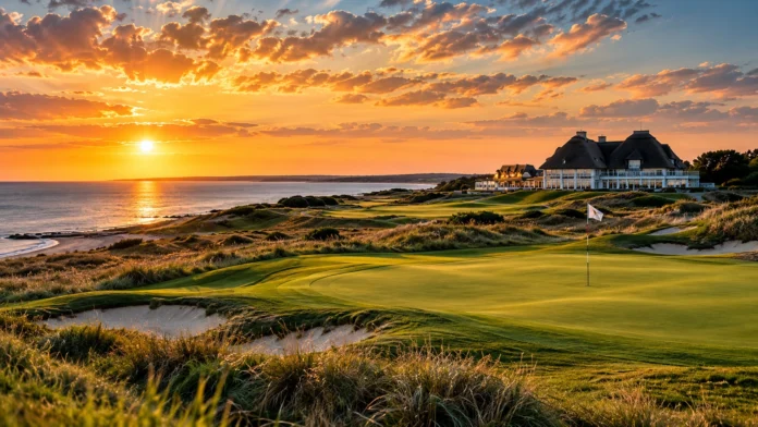 Küsten-Golfplatz im goldenen Abendlicht Küsten-Golfplatz im goldenen Abendlicht
